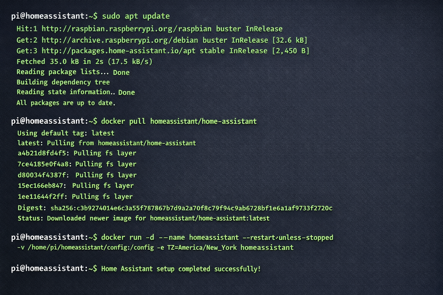 Linux Terminal Screenshot der Home Assistant Installation mit Docker-Befehlen und Installations-Output