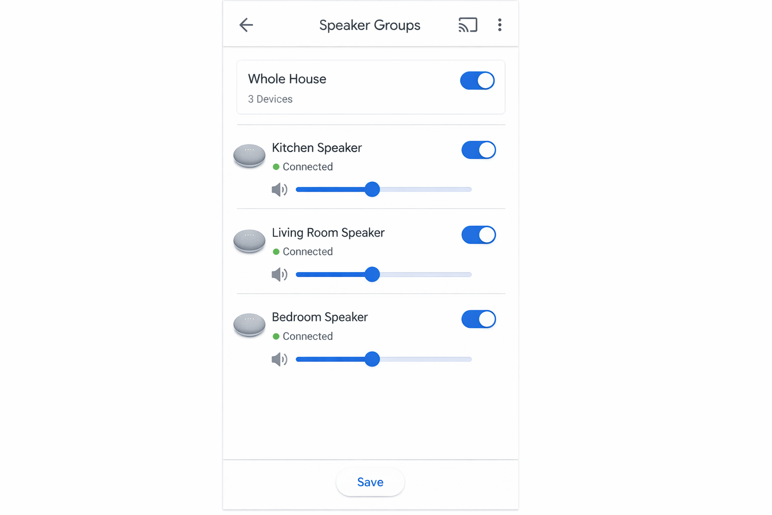 Google Home App Screenshot zeigt Konfiguration von Lautsprecher-Gruppen für Multi-Room Setup