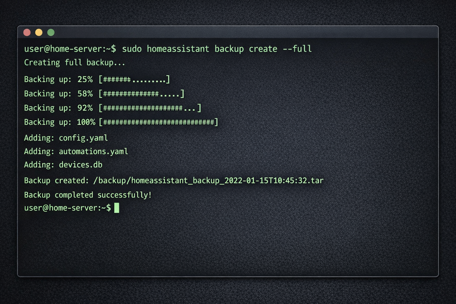 Terminal-Fenster zeigt Ausführung von Smart Home Backup-Befehlen mit Fortschrittsanzeige