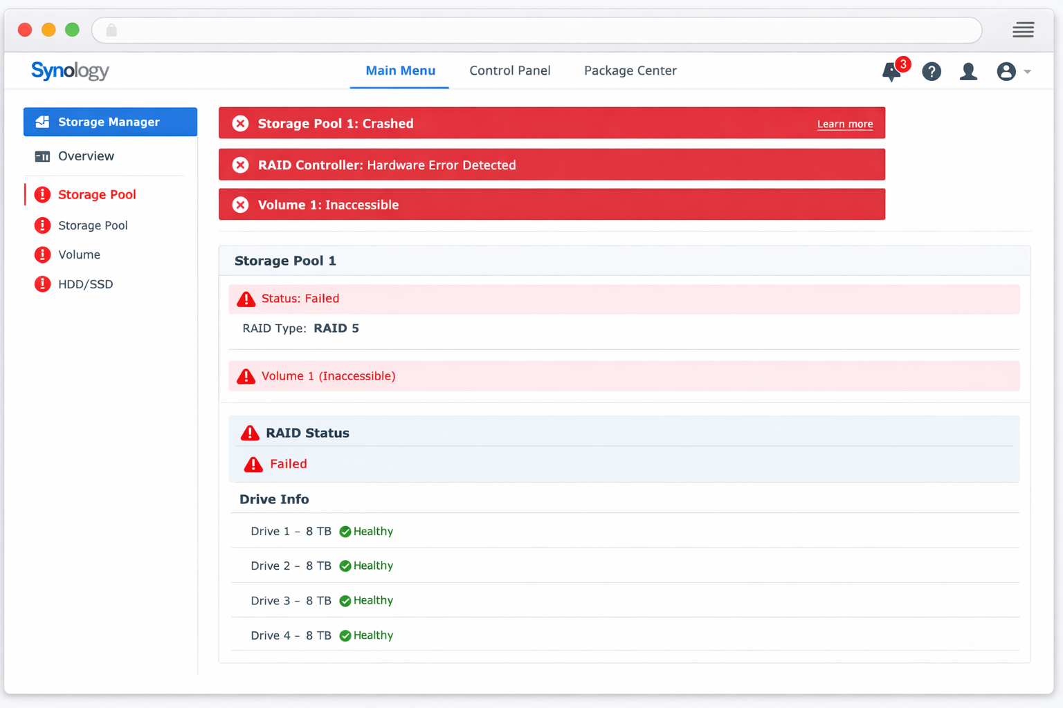 Synology DSM Web-Interface mit RAID Controller Fehlermeldungen und gesunden Einzelfestplatten