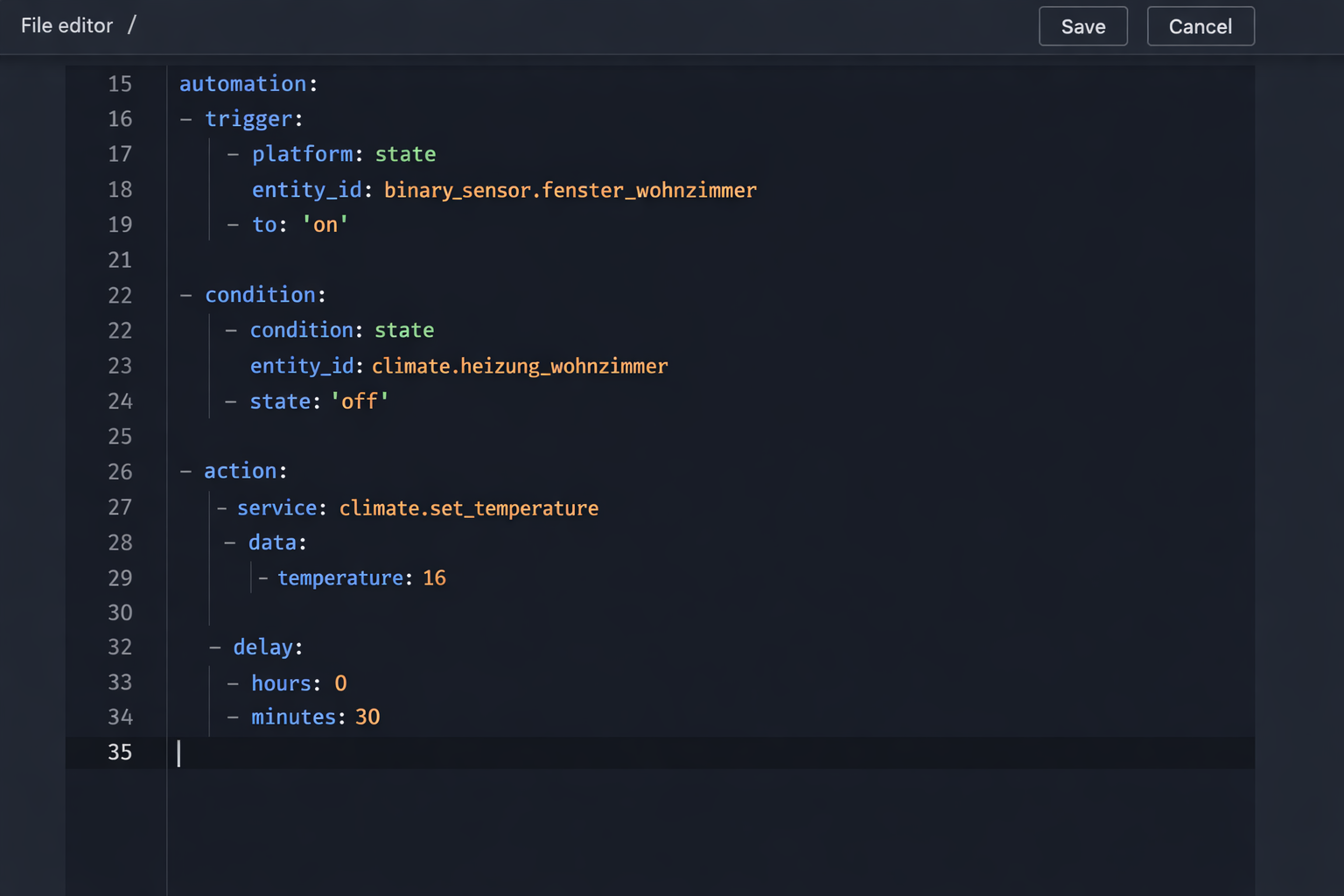 Home Assistant YAML-Konfiguration für Fenster-Heizungs-Automation mit Trigger und Aktionen