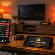 Smart Home nach Stromausfall kaputt: Geräte neu einrichten – Smart Home Wohnzimmer mit offline Geräten und blinkenden Lampen nach Stromausfall