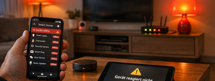 Smart Home nach Stromausfall kaputt: Geräte neu einrichten – Smart Home Wohnzimmer mit offline Geräten und blinkenden Lampen nach Stromausfall