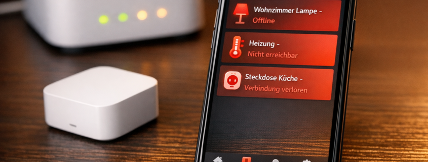 Smart Home App funktioniert nicht: Häufige Fehler beheben – Smartphone mit Smart Home App zeigt offline Geräte, WLAN-Router im Hintergrund