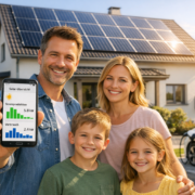 Photovoltaik smart nutzen: Eigenen Solarstrom optimal verbrauchen – Familie mit Smartphone vor Haus mit Solaranlage - intelligente Photovoltaik-Nutzung