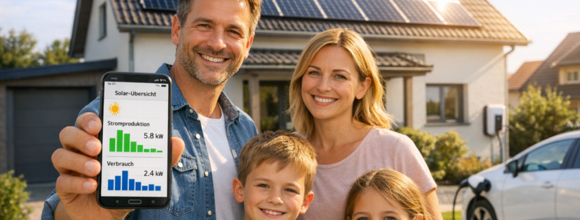 Photovoltaik smart nutzen: Eigenen Solarstrom optimal verbrauchen – Familie mit Smartphone vor Haus mit Solaranlage - intelligente Photovoltaik-Nutzung