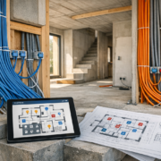 Smart Home Neubau Checkliste: Nichts vergessen beim Hausbau – Smart Home Neubau Rohbau mit sichtbarer Netzwerkverkabelung und Planungsunterlagen