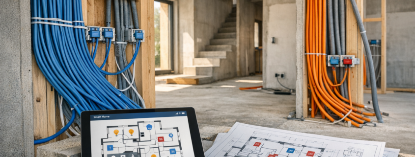 Smart Home Neubau Checkliste: Nichts vergessen beim Hausbau – Smart Home Neubau Rohbau mit sichtbarer Netzwerkverkabelung und Planungsunterlagen