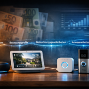 Smart Home Daten verkaufen: Verdienen Firmen mit meinen Daten? – Smart Home Geräte mit visualisierten Datenströmen zeigen wie Amazon Echo, Google Nest und Philips Hue Nutzerdaten sammeln