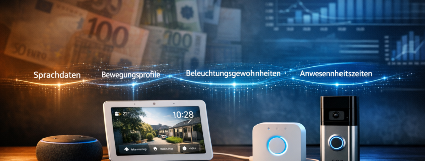 Smart Home Daten verkaufen: Verdienen Firmen mit meinen Daten? – Smart Home Geräte mit visualisierten Datenströmen zeigen wie Amazon Echo, Google Nest und Philips Hue Nutzerdaten sammeln
