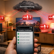 Smart Home Privatsphäre Einstellungen: 5 wichtige Schritte – Smart Home Wohnzimmer mit Datenschutz-Warnungen und Privatsphäre-Einstellungen auf Smartphone