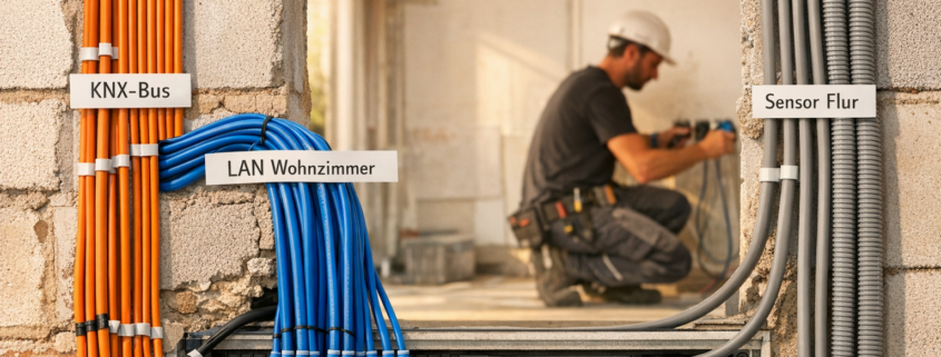 Smart Home Verkabelung Neubau: Was der Elektriker wissen muss – Smart Home Verkabelung im Neubau Rohbau mit KNX-Bus und Netzwerkkabeln