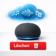 Alexa Aufnahmen löschen: Kritische Sicherheitslücke in 3 Minuten schließen Alexa Aufnahmen löschen: So schützen Sie Ihre Privatsphäre – Amazon Echo Dot mit Datenschutz-Symbolen und Lösch-Button für Alexa Sprachaufnahmen