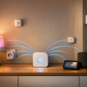 Smart Home Geräte reagieren langsam: Verzögerung beheben – Smart Home Hub optimal positioniert zwischen verschiedenen Zigbee-Geräten im Wohnzimmer