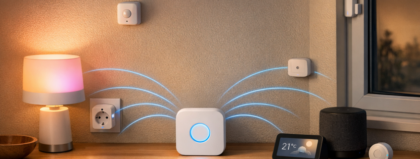 Smart Home Geräte reagieren langsam: Verzögerung beheben – Smart Home Hub optimal positioniert zwischen verschiedenen Zigbee-Geräten im Wohnzimmer