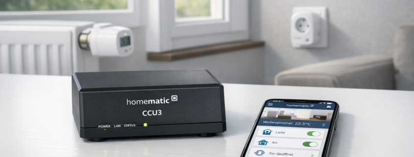 Homematic Smart Home - Das deutsche System im Praxis-Test – Homematic Smart Home CCU3 Zentrale mit Smartphone und Geräten im modernen Wohnzimmer