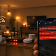 Smart Home Troubleshooting: Die häufigsten Probleme und Lösungen – Smart Home Probleme: Smartphone zeigt offline Geräte und Verbindungsfehler in modernem Wohnzimmer