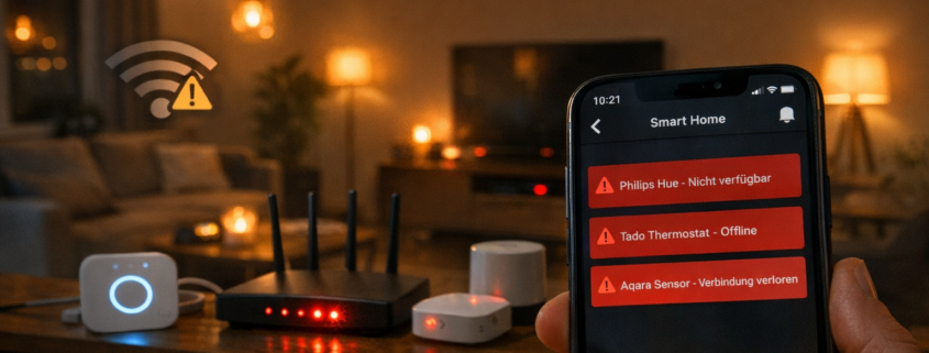 Smart Home Troubleshooting: Die häufigsten Probleme und Lösungen – Smart Home Probleme: Smartphone zeigt offline Geräte und Verbindungsfehler in modernem Wohnzimmer