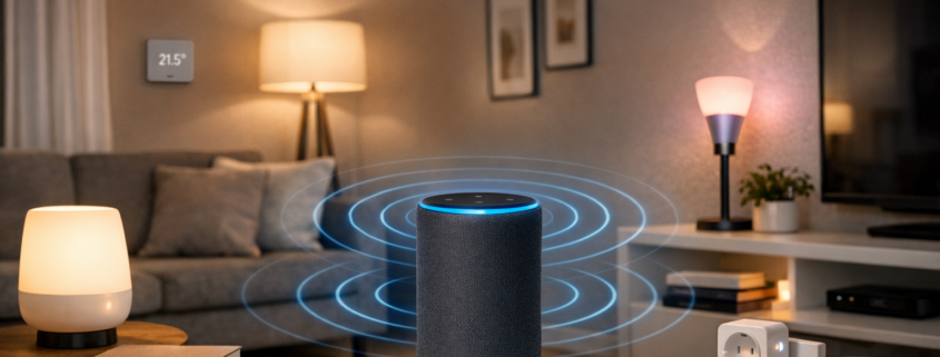 Smart Home Grundriss planen: Räume richtig vorbereiten – Smart Home Hub zentral im Wohnzimmer positioniert mit vernetzten Geräten und Funkreichweiten-Visualisierung