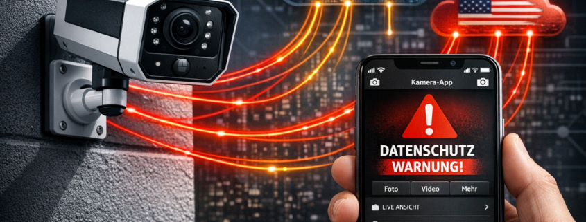 Smarte Kamera Datenschutz: Wer kann meine Videos sehen? – Smarte Überwachungskamera mit Datenschutz-Warnung und Cloud-Datenströmen