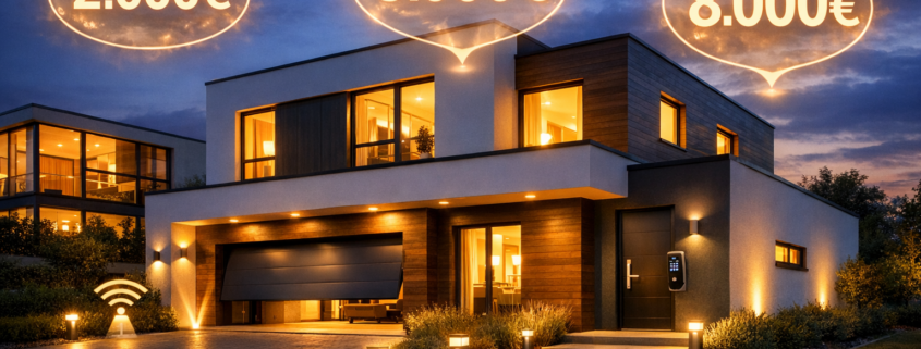 Smart Home Kosten Neubau: Realistische Preise und Budgetplanung – Smart Home Neubau Einfamilienhaus mit Kostenübersicht und intelligenter Beleuchtung bei Dämmerung