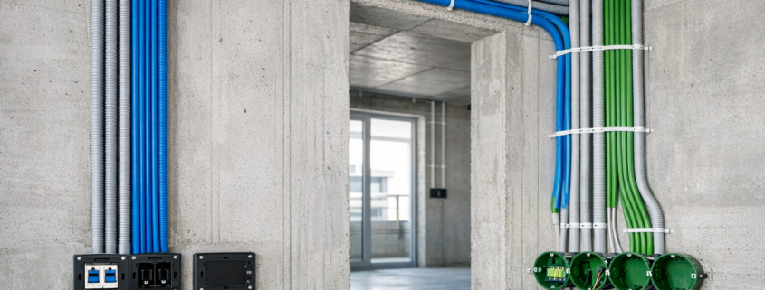 Smart Home Planung Neubau: Verkabelung, Systeme und Kosten richtig planen – Smart Home Verkabelung im Neubau Rohbau - Elektriker verlegt Cat 6A und KNX-Kabel