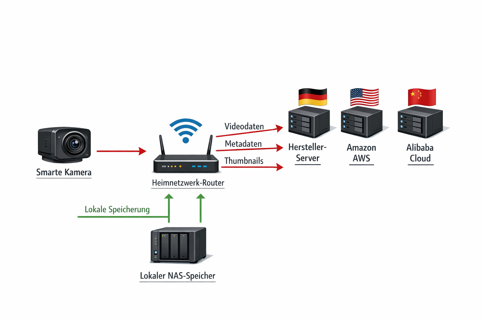 Datenfluss-Diagramm smarte Kamera zu Cloud-Servern und lokaler Speicherung