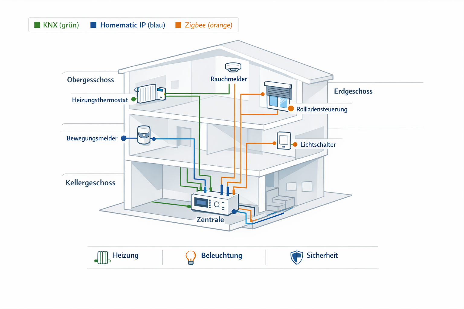 Smart Home Architektur-Diagramm für Neubau mit verschiedenen Systemen und Geräten