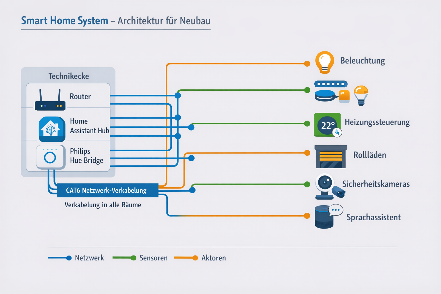 Smart Home Systemarchitektur Diagramm mit zentraler Technikecke und Geräteverbindungen