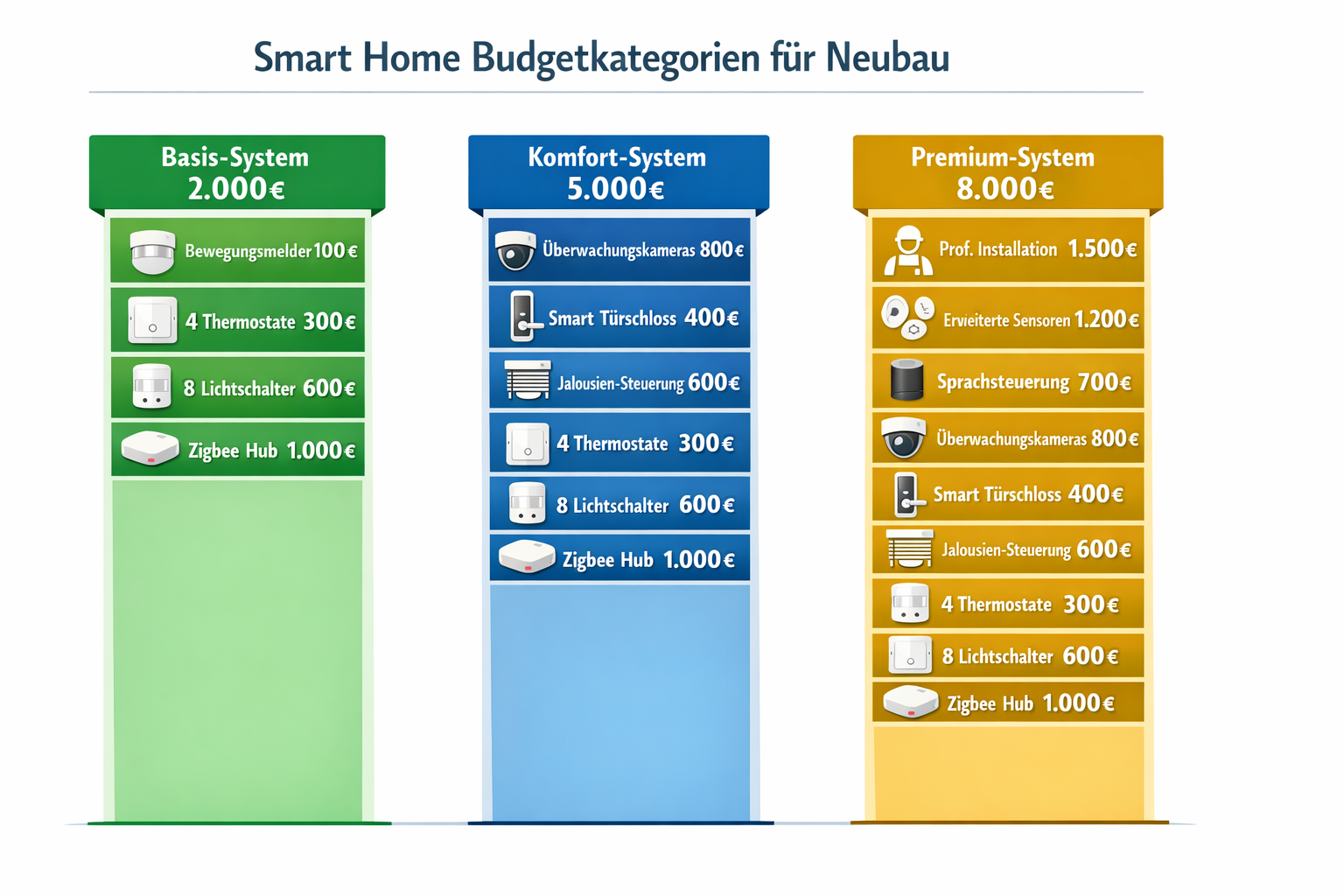 Smart Home Kosten Vergleich drei Budgetkategorien von 2000 bis 8000 Euro für Neubau