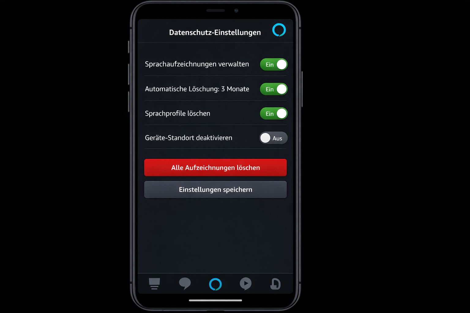 Amazon Alexa App Screenshot mit Datenschutz-Einstellungen für Sprachaufzeichnungen und automatische Löschung