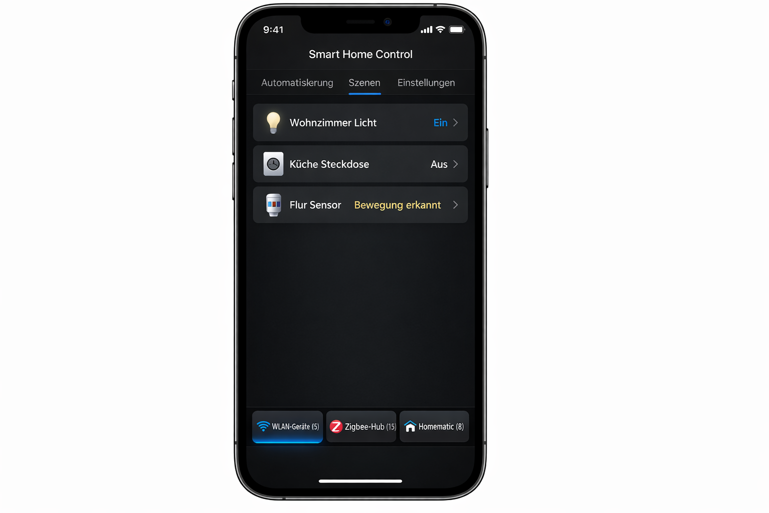 Smart Home App Screenshot mit WLAN Zigbee Homematic Geräte-Übersicht