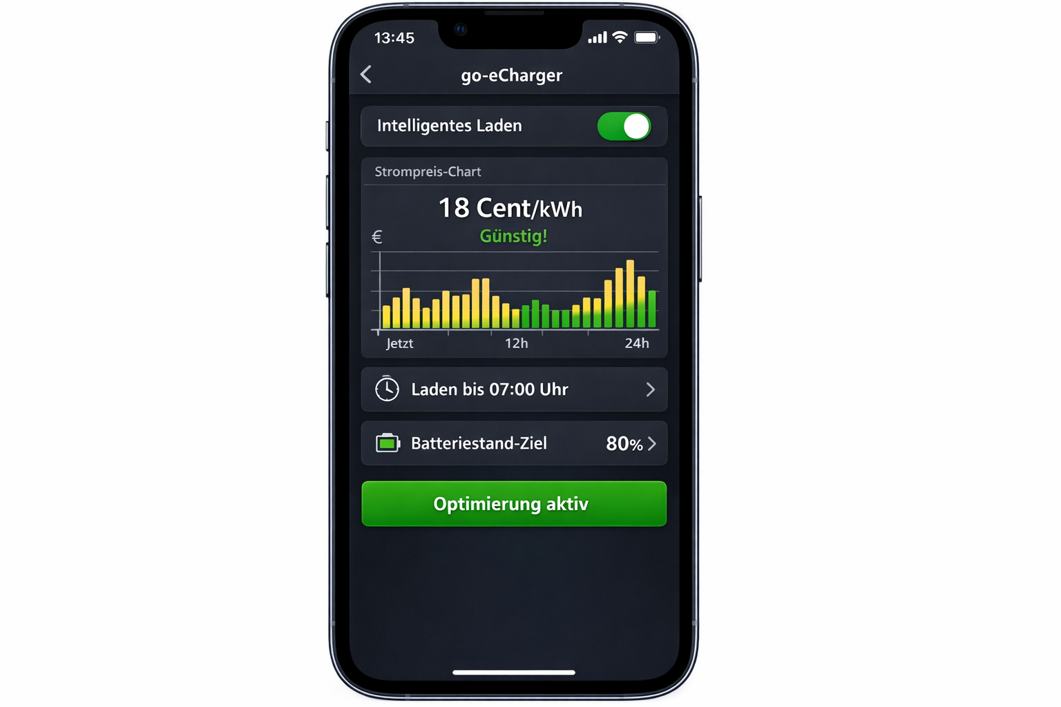 go-eCharger App Screenshot mit intelligenter Ladeplanung und Strompreis-Optimierung