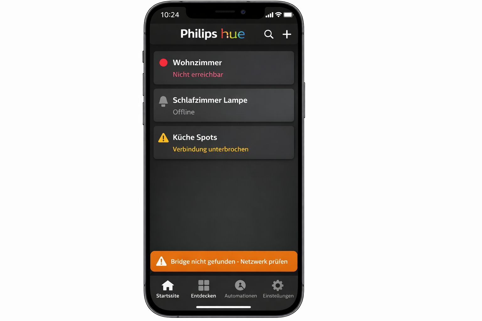 Philips Hue App Screenshot mit Offline-Geräten und Verbindungsfehlern