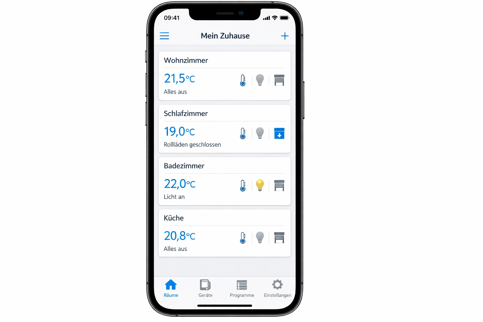 Homematic IP App Hauptbildschirm mit Raumübersicht und Temperaturanzeige auf iPhone