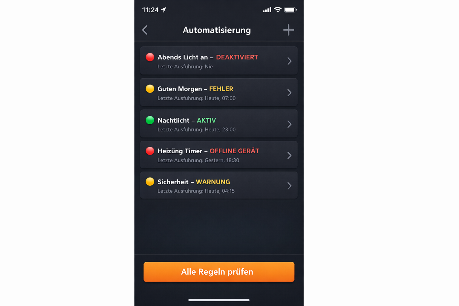 Smart Home App Screenshot zeigt Automatisierungsregeln mit Fehlerstatus und deaktivierten Regeln