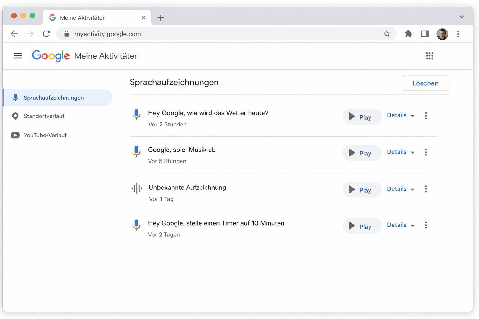 Google Meine Aktivitäten Webseite Screenshot mit Sprachaufzeichnungen und Datenschutz-Optionen