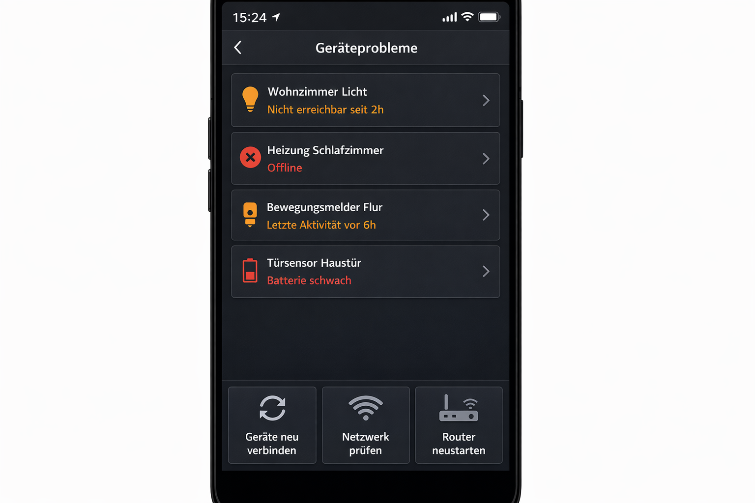 Smart Home App Screenshot mit offline Geräten und Fehlermeldungen auf Smartphone