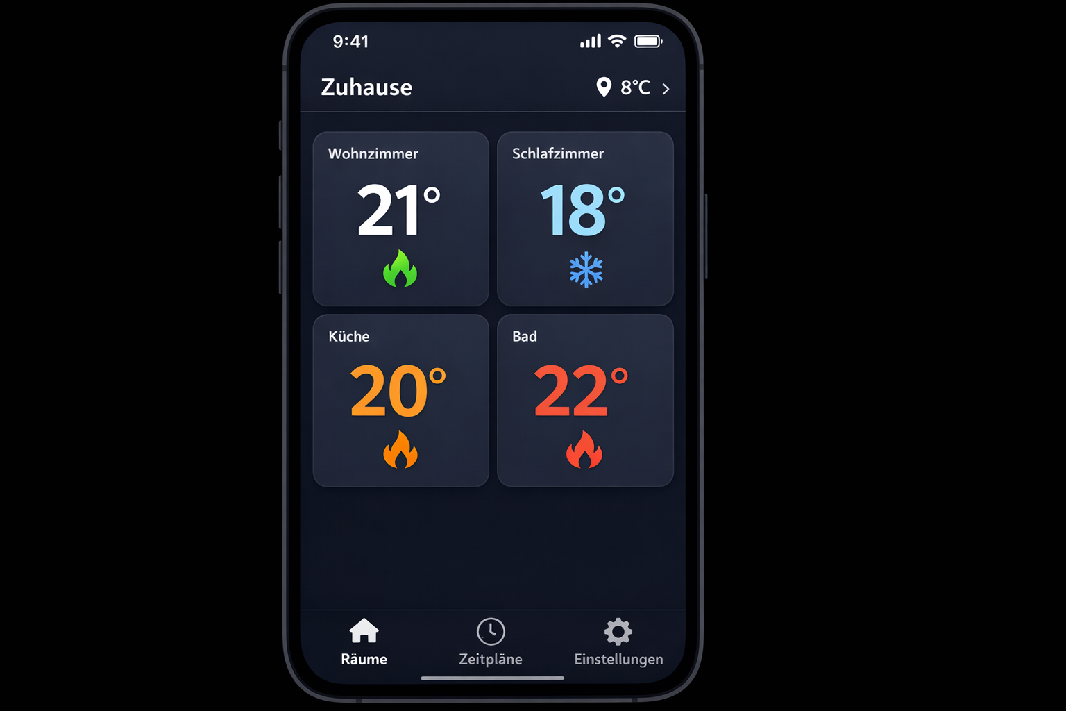 Tado App Screenshot zeigt Raumtemperatur-Steuerung für Wohnzimmer, Schlafzimmer, Küche und Bad