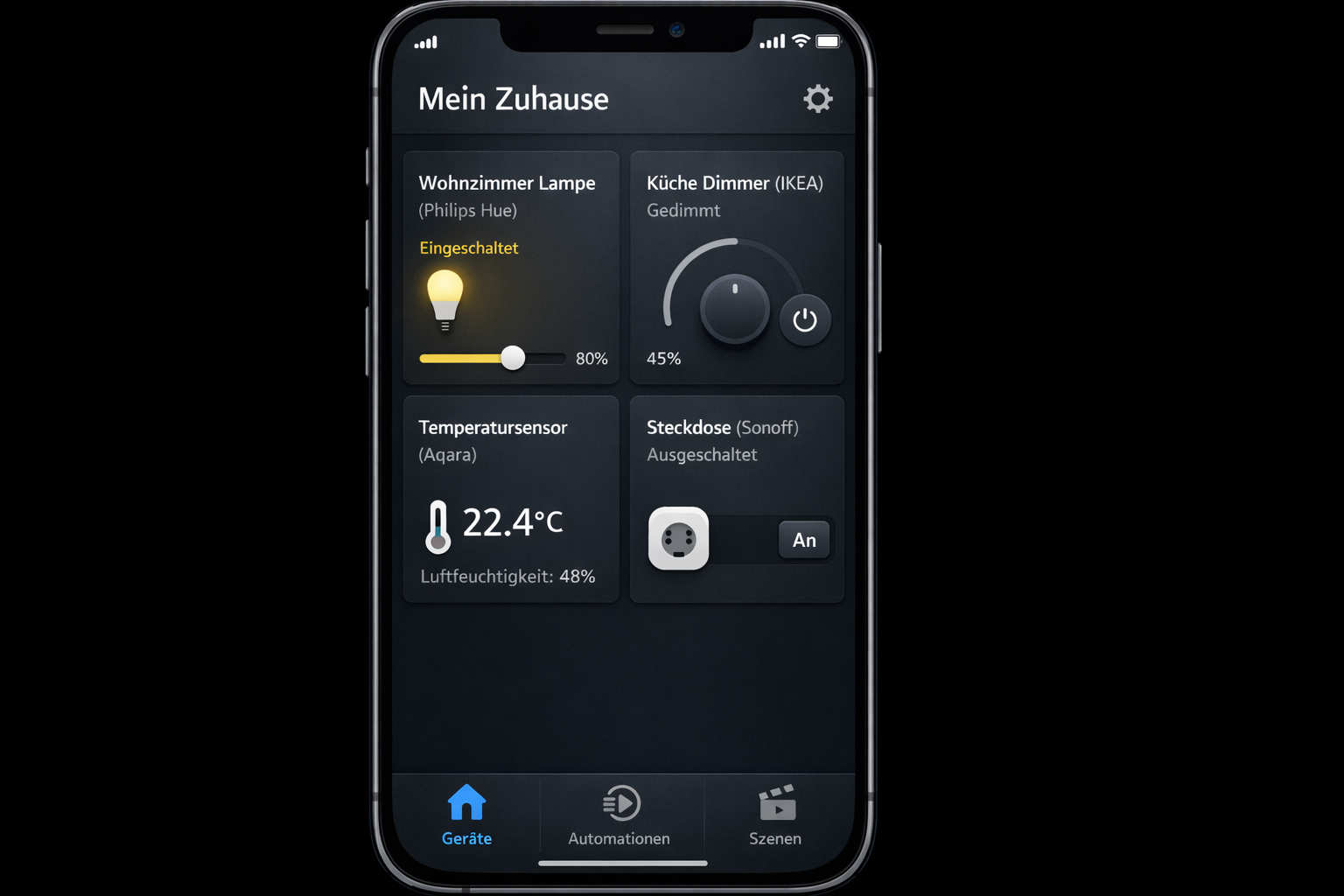 Smart Home App Screenshot mit einheitlicher Steuerung verschiedener Zigbee-Geräte unterschiedlicher Hersteller