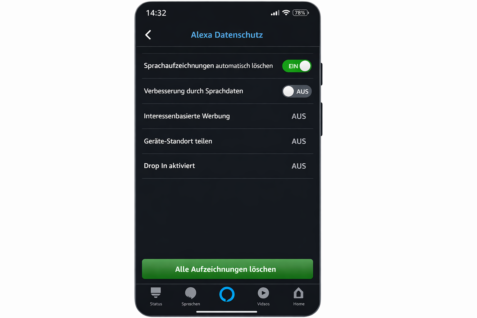 Alexa App Screenshot mit aktivierten Privatsphäre-Einstellungen und deutschen Menüpunkten