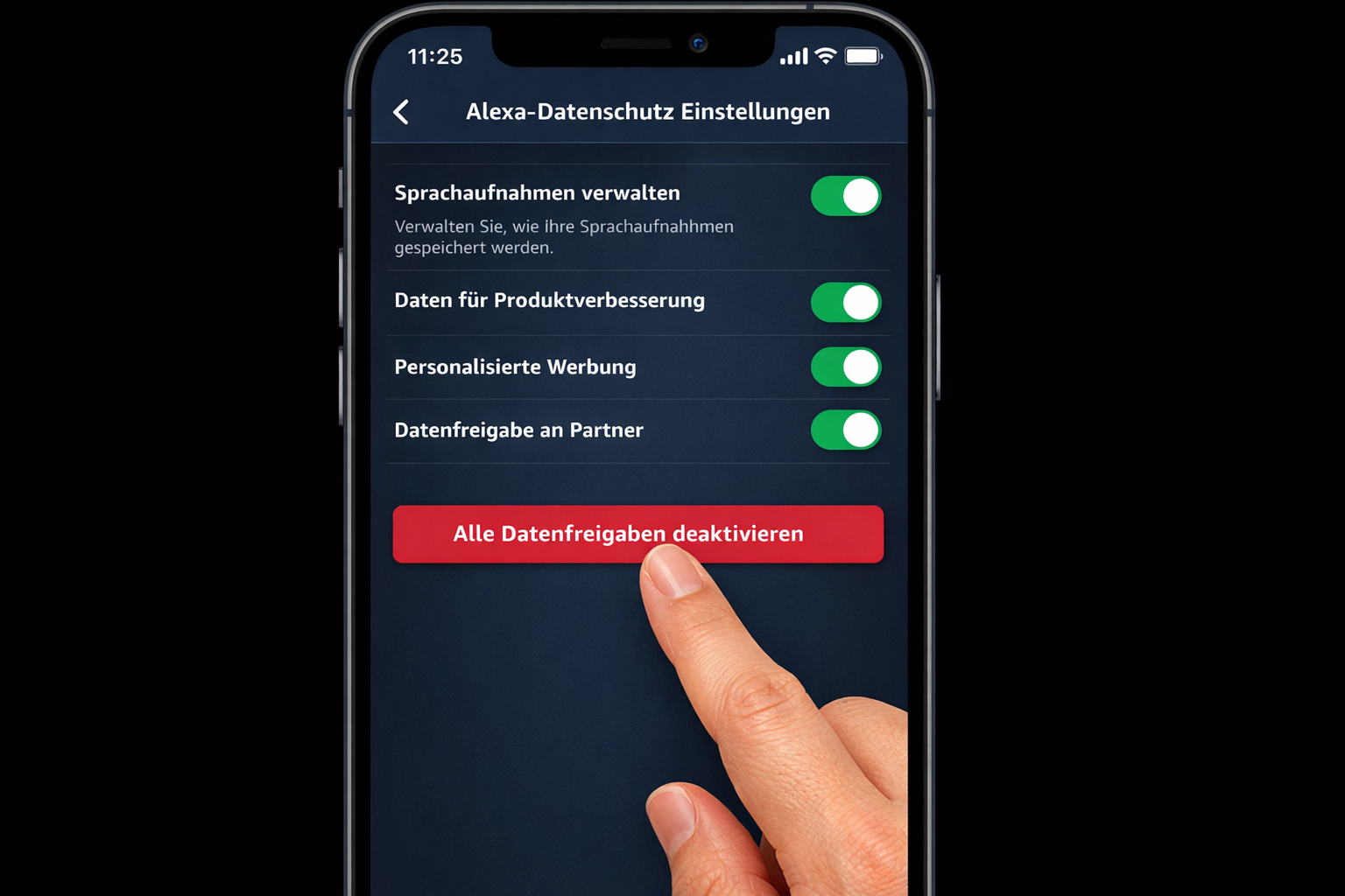 Amazon Alexa App Datenschutz-Einstellungen Screenshot zeigt aktivierte Datenfreigabe-Optionen zum Deaktivieren