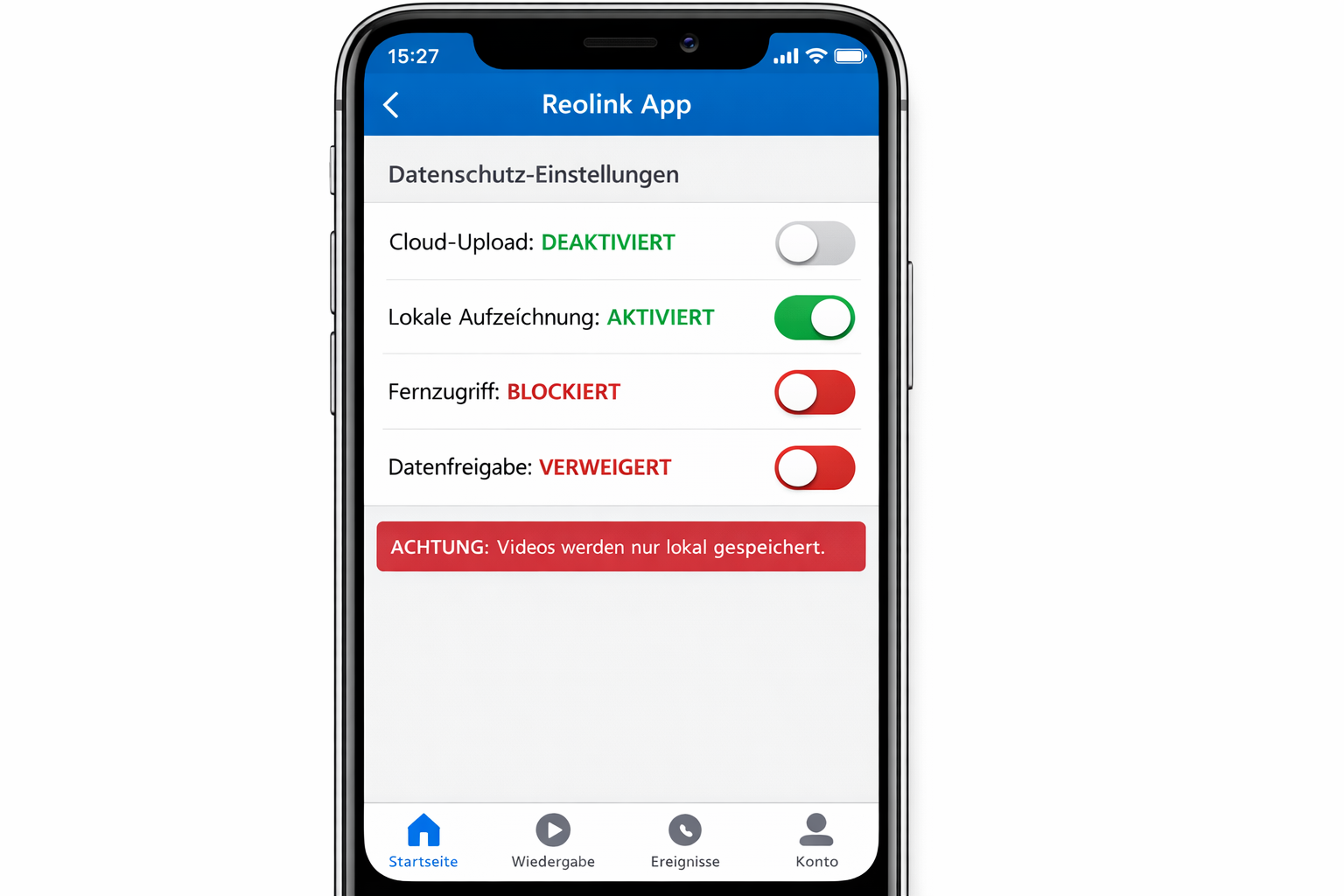 Kamera-App Screenshot mit deutschen Datenschutz-Einstellungen und deaktiviertem Cloud-Upload