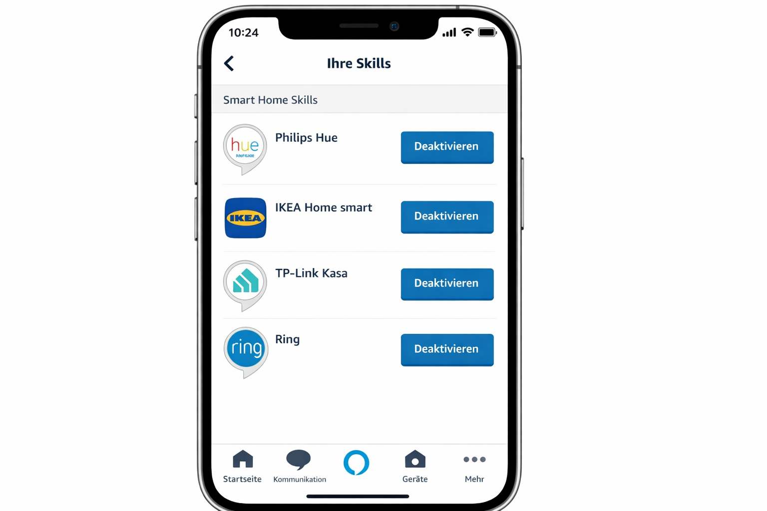 Alexa App Screenshot zeigt Smart Home Skills von Philips Hue, IKEA und TP-Link zum Deaktivieren