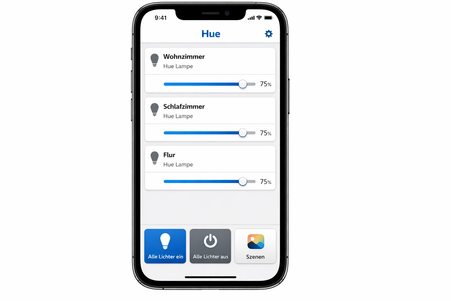 Philips Hue App Screenshot mit Raumsteuerung und Lichteinstellungen auf Deutsch