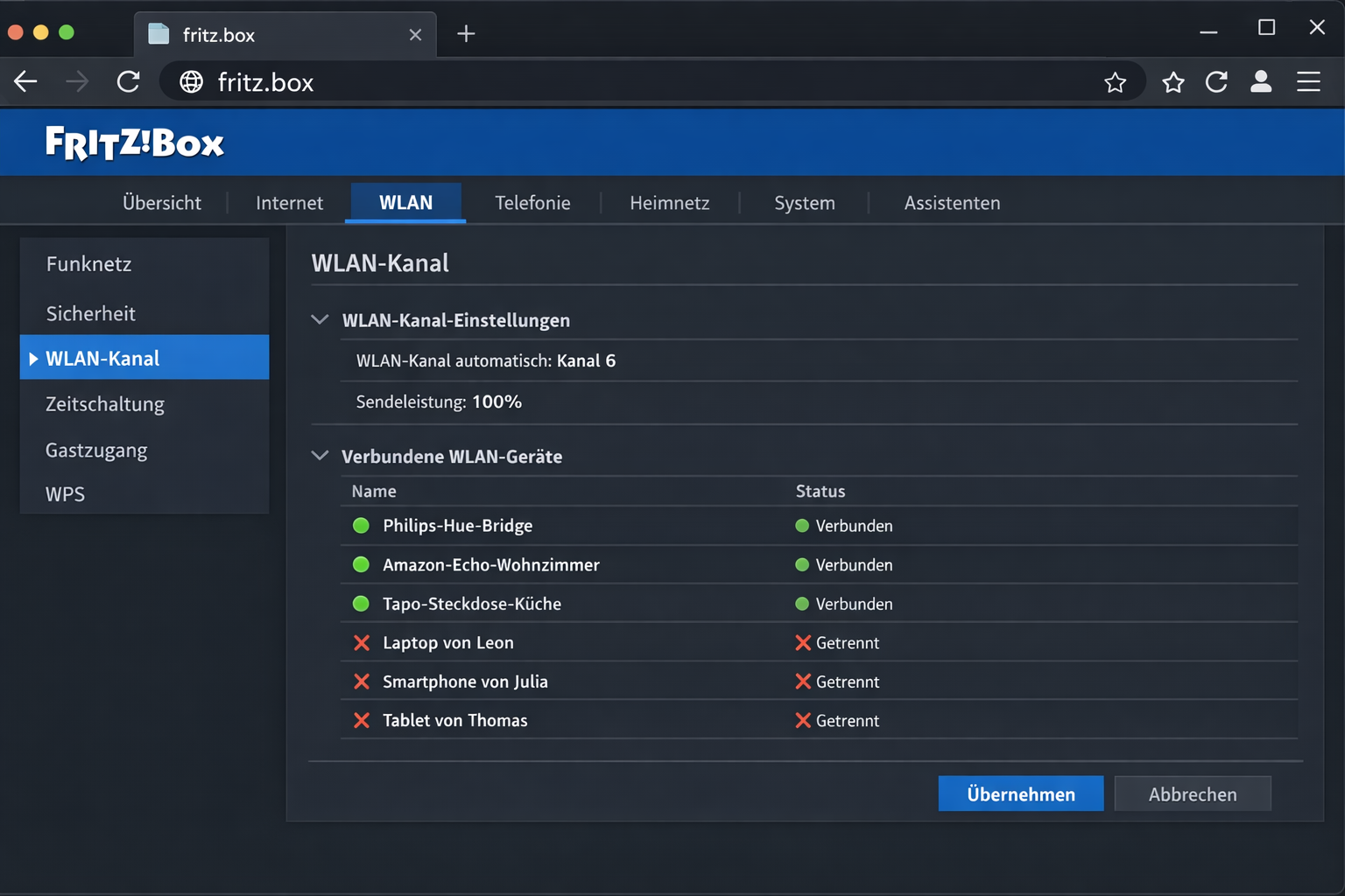 FRITZ!Box WLAN-Einstellungen Interface mit Smart Home Geräteliste