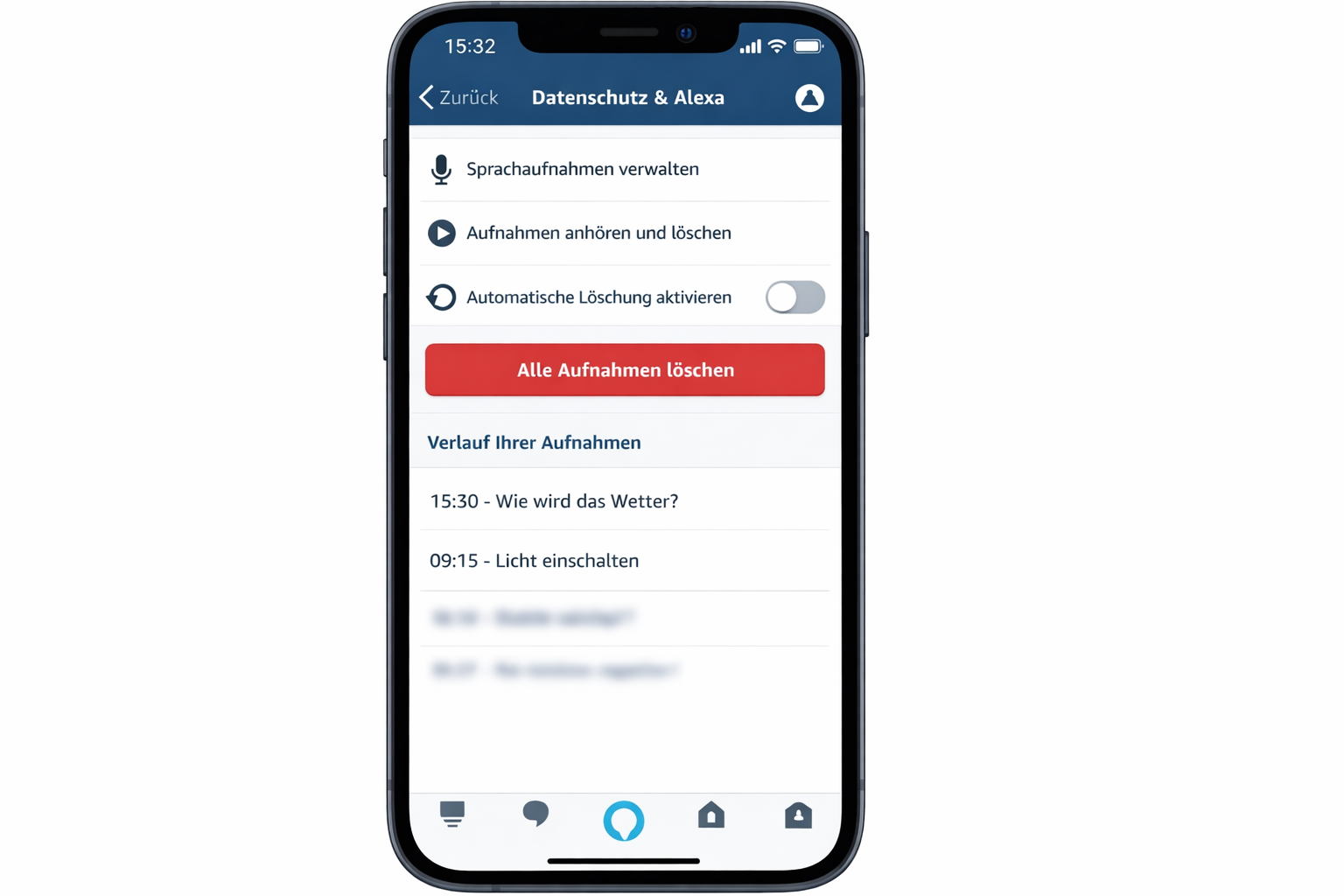 Amazon Alexa App Screenshot mit Datenschutz-Einstellungen zum Löschen von Sprachaufnahmen