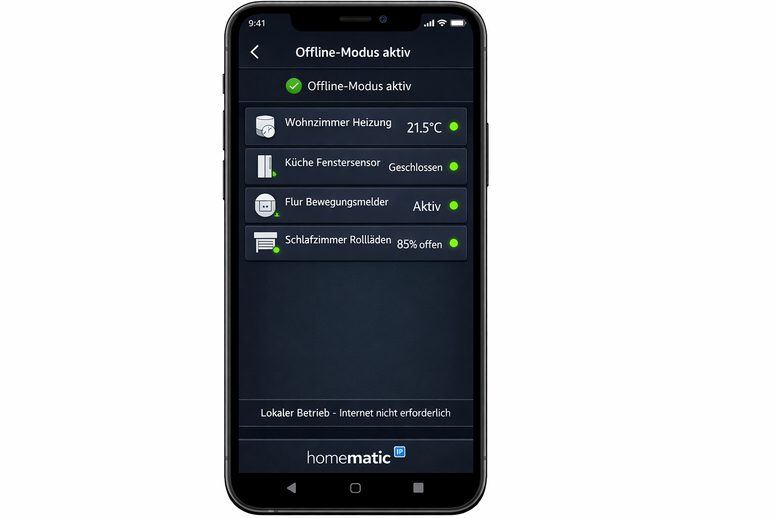 Homematic IP App Screenshot zeigt Smart Home Geräte im offline Betrieb ohne Internet