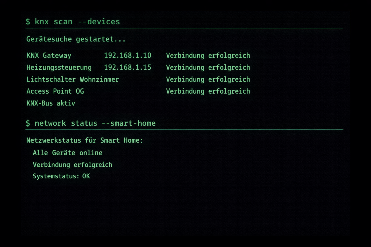 Terminal Screenshot Smart Home Netzwerk-Konfiguration mit KNX und Ethernet-Geräten