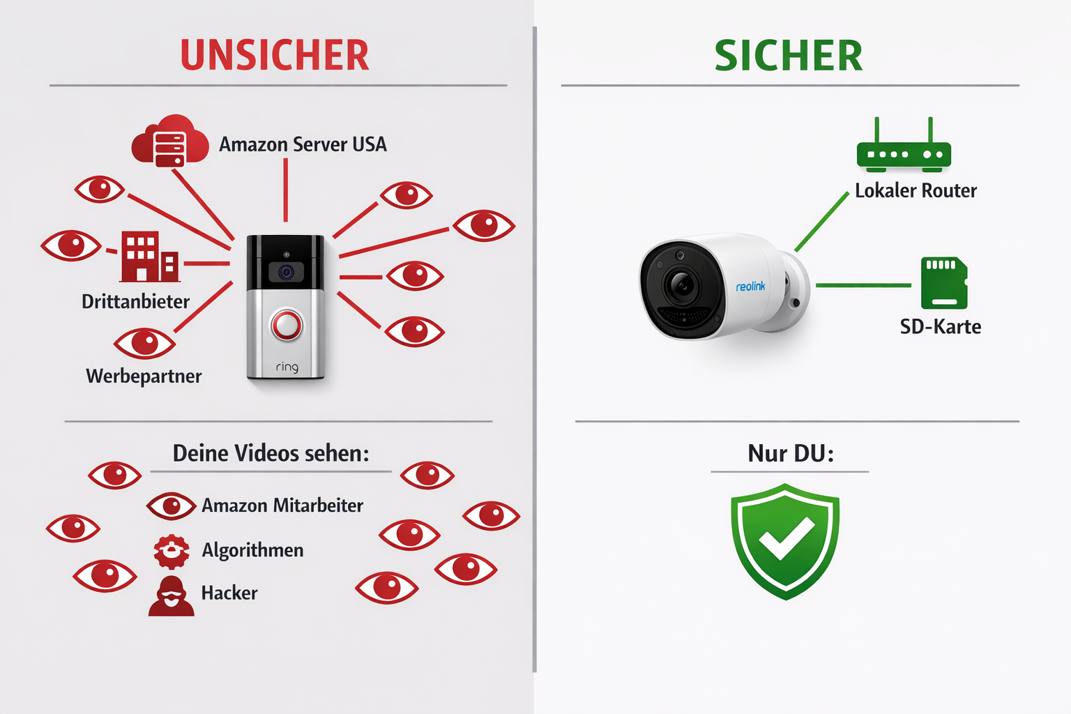 Vergleichsdiagramm unsichere vs. sichere Kamera-Konfiguration mit Datenschutz-Aspekten